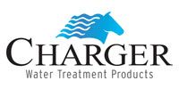 The logo for charger water treatment products has a blue horse on it.