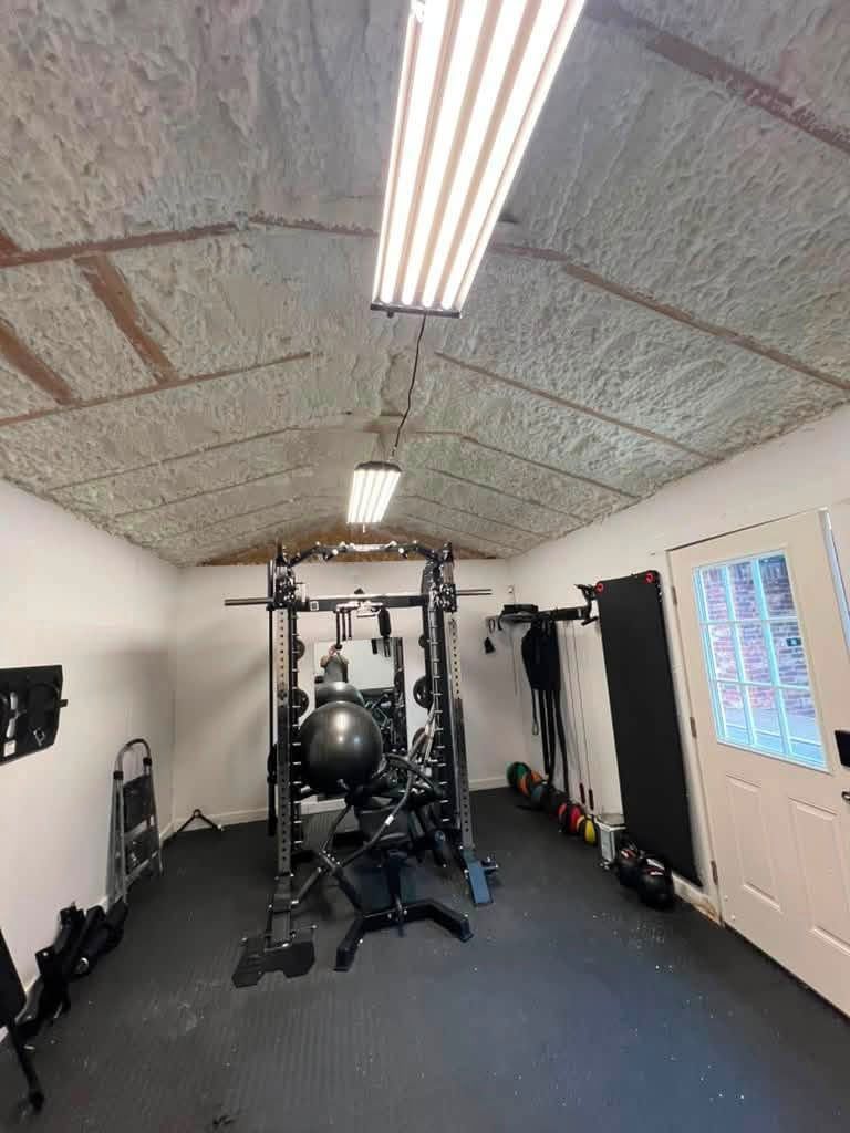 Home gym with squat rack, exercise ball, and equipment in a narrow room with a sloped ceiling