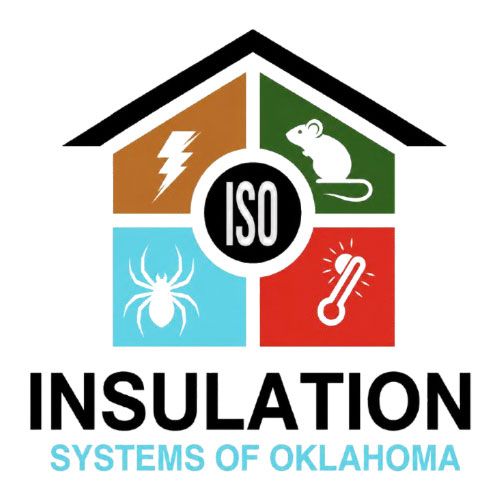 Logo for Insulation Systems of Oklahoma with house icon and four colored panels for lightning, mouse, spider, and thermometer