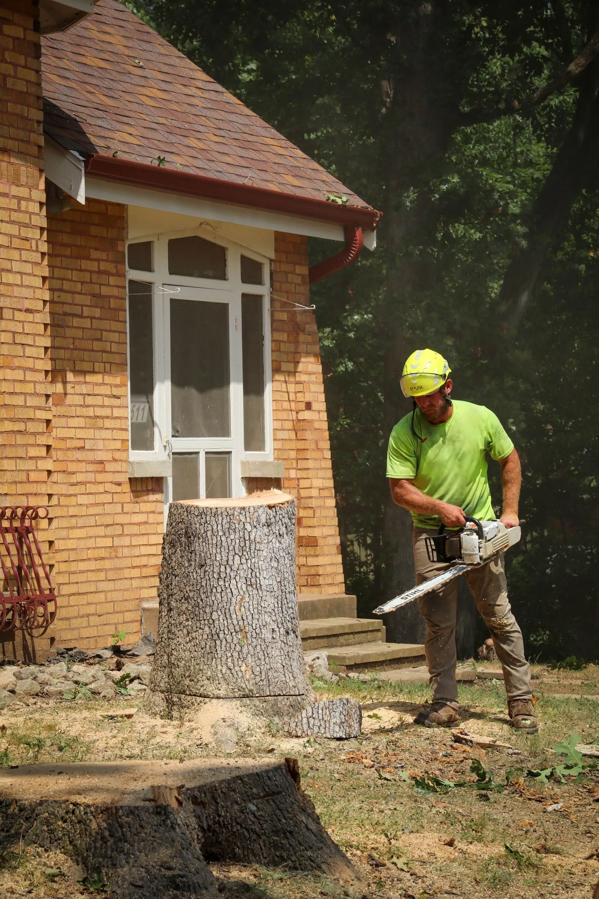 Man in yellow hard hat uses a chainsaw to cut a tree stump near a brick house.