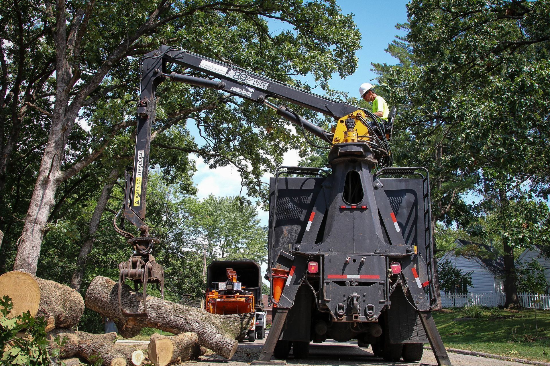 Tree service truck with crane trimming large tree branches.