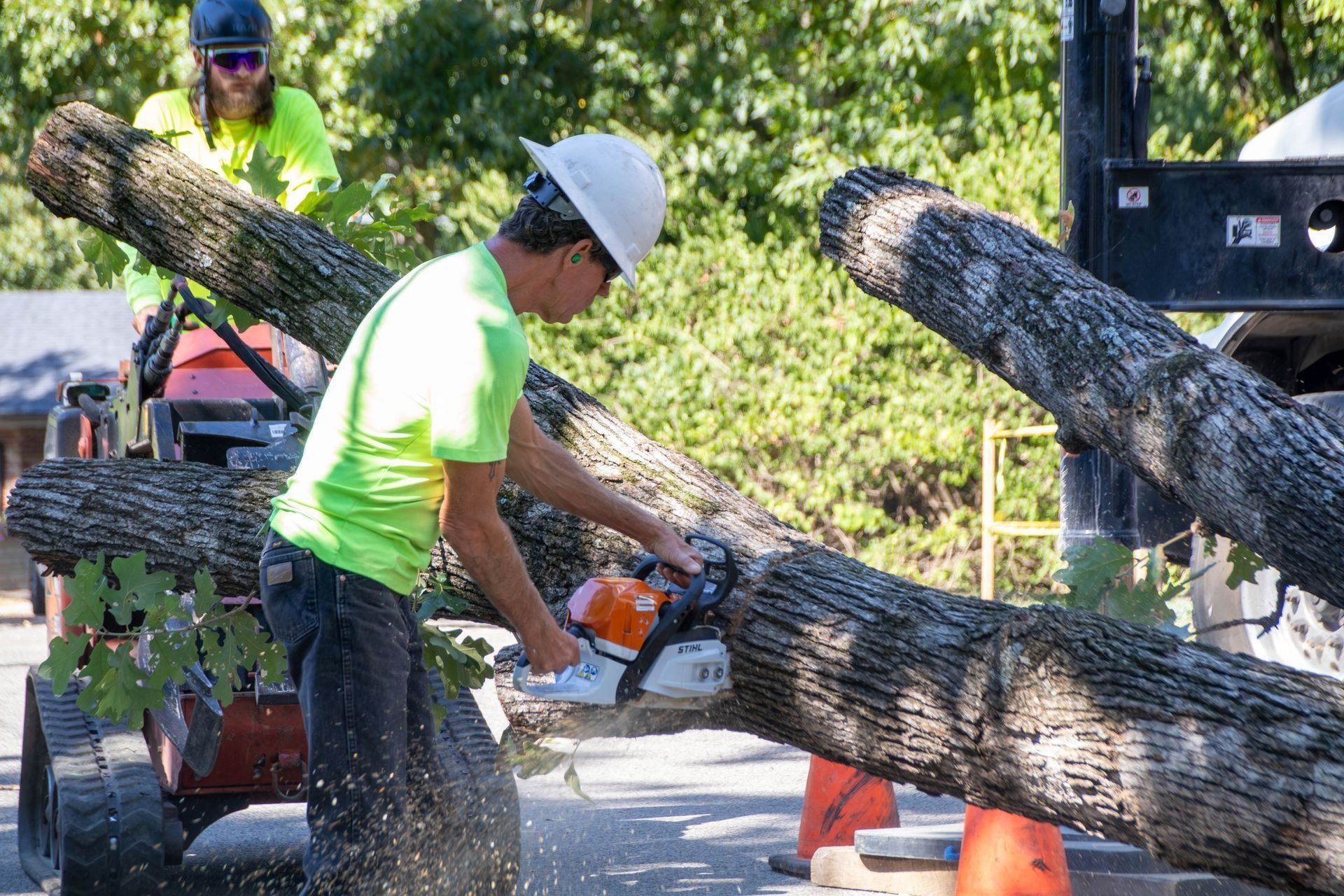 Two workers using chainsaws to cut logs outdoors. One wearing a white hard hat and neon shirt.