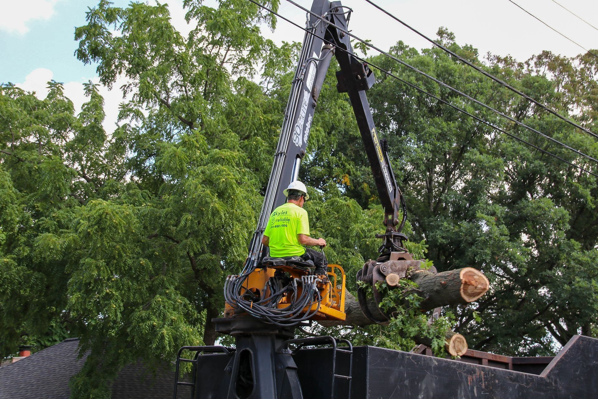 Arborist in a bucket lift, trimming a tree branch near power lines. Green, cloudy sky, trees, and dark truck.