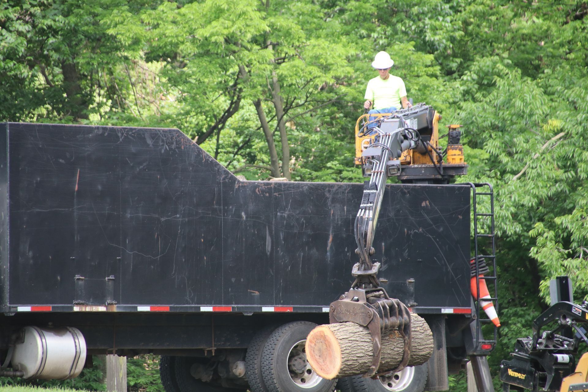 Person operating a grapple arm to load a large log into a black truck bed, outdoors.