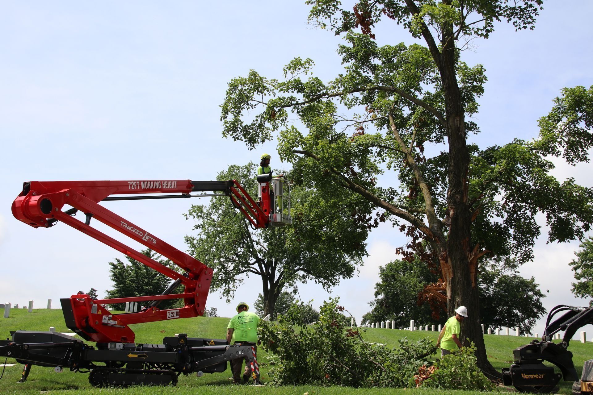 A red lift truck trimming a tree with two workers nearby, sunny day.
