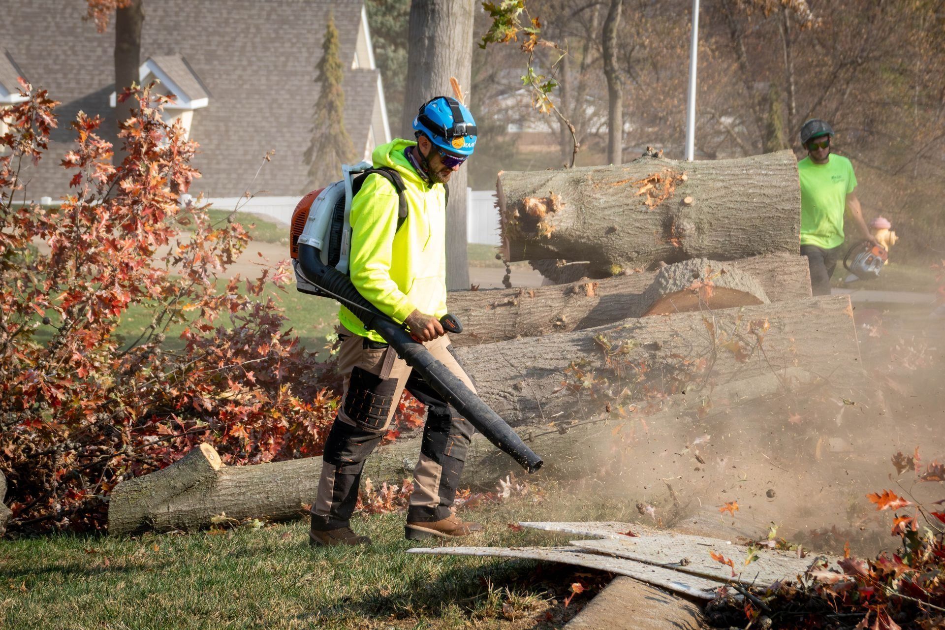 A person in safety gear blowing leaves with a leaf blower near logs and another person in the background.