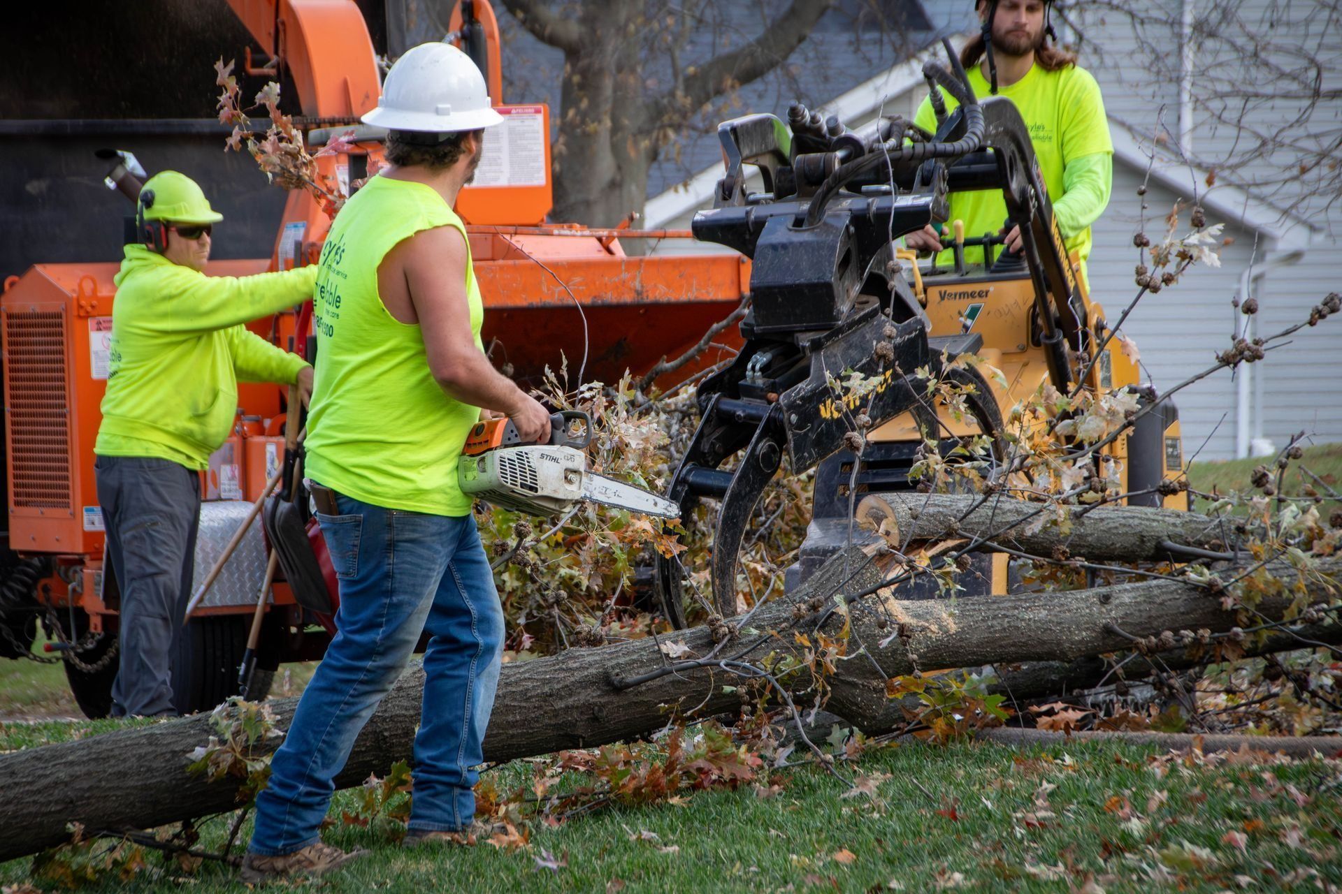 Tree service workers using a chainsaw and wood chipper in a yard, wearing safety gear.