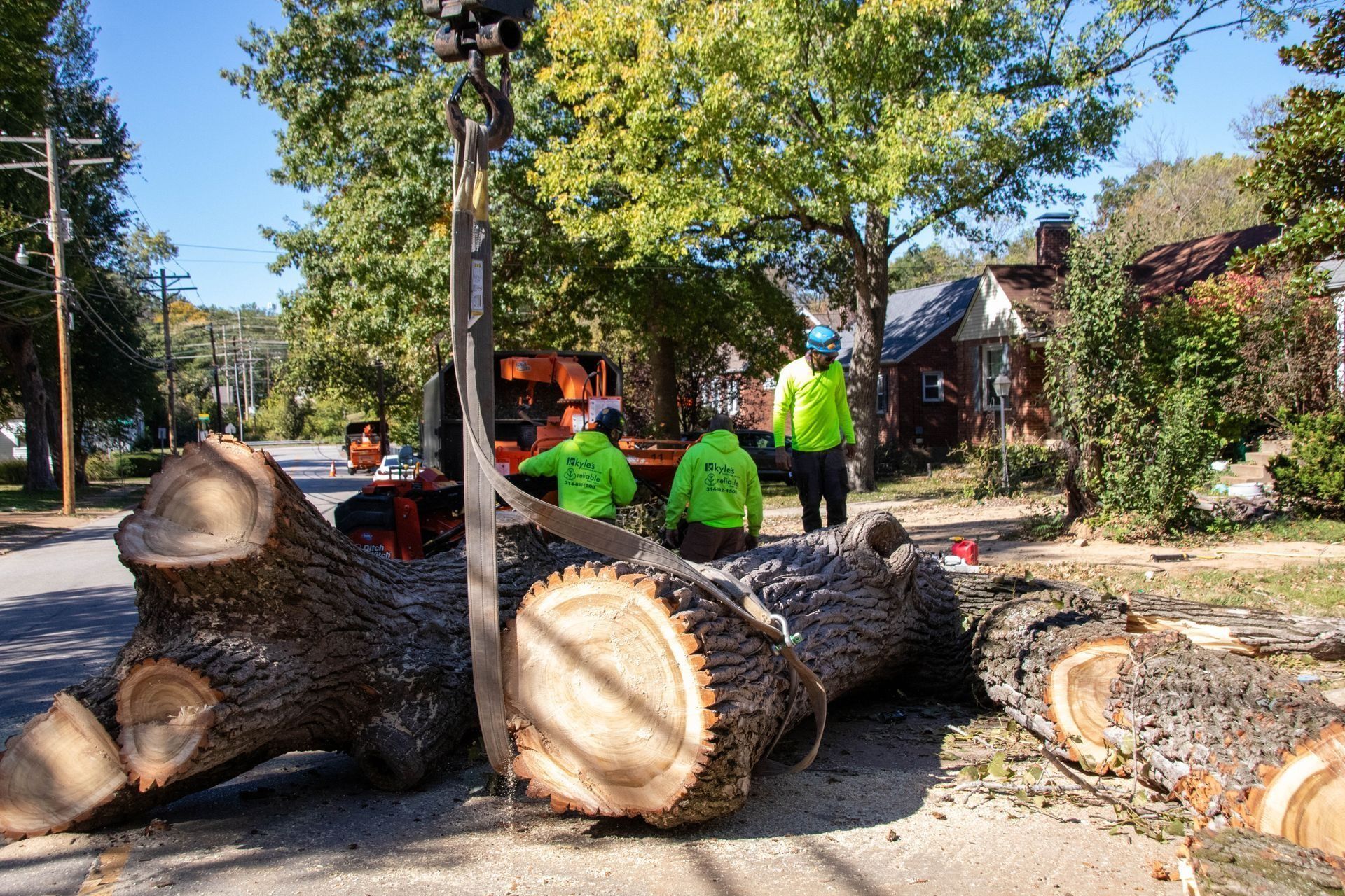 Tree removal: workers in neon vests, crane lifting a large log on a street with houses and trees.