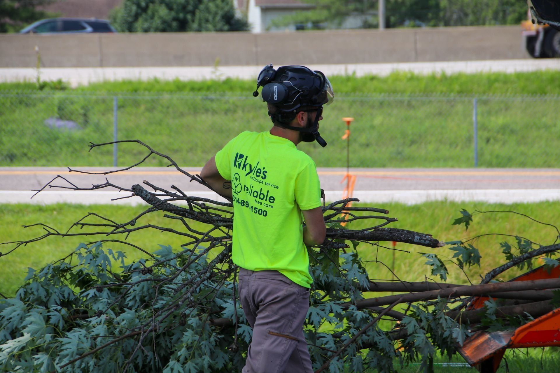 Arborist wearing protective gear, gathering branches near a road. Green shirt, branches, and protective helmet.