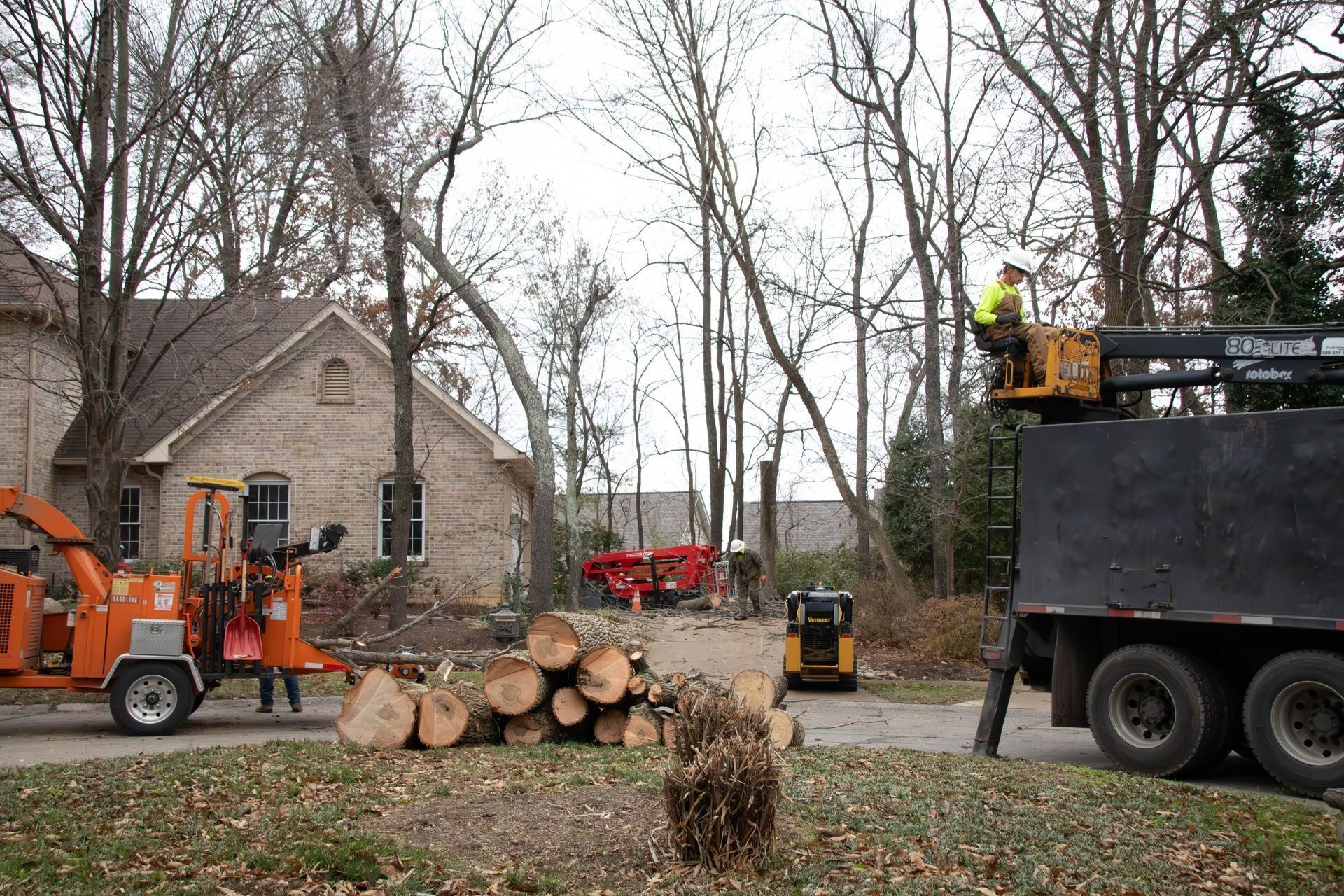 Tree removal crew working near a house. Man in lift, logs, chipper, and truck present.