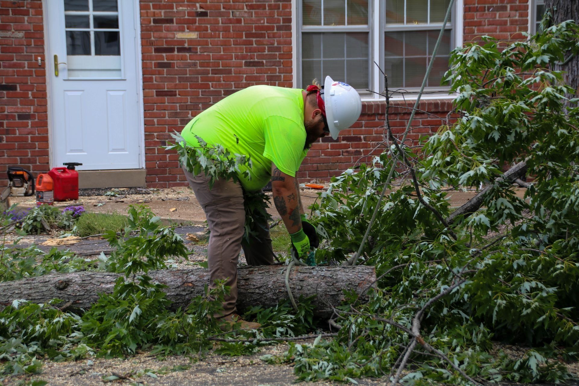 Arborist in a hard hat, cutting a fallen tree in front of a brick building.