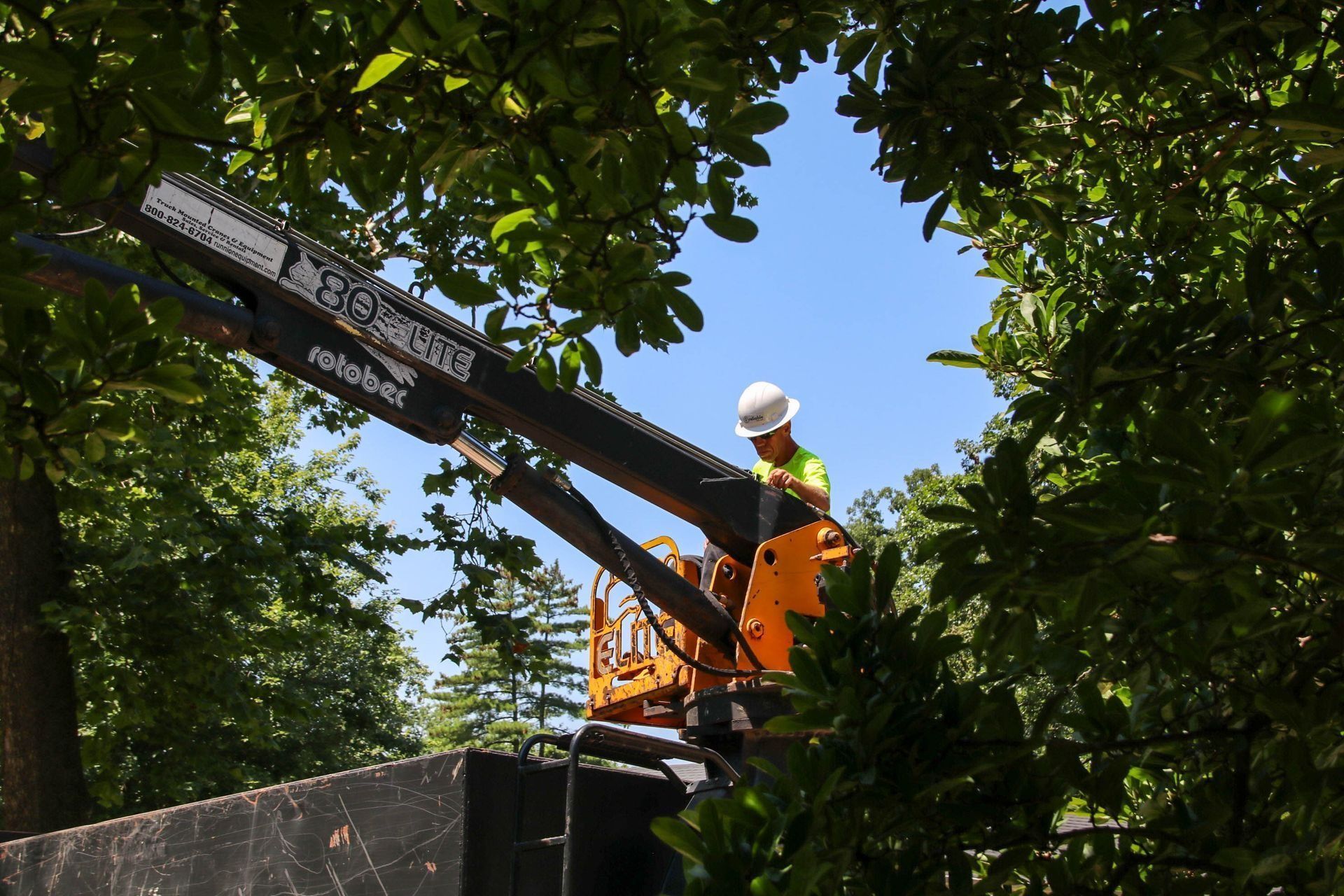 Man in hard hat using a chainsaw from a bucket lift to trim tree branches against a blue sky.