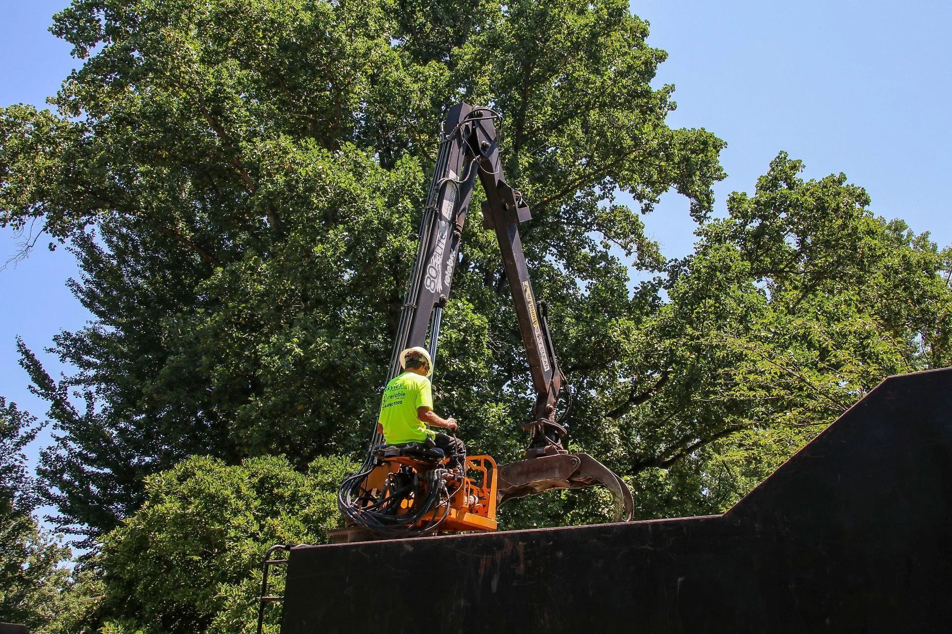 A worker in a lift trims a tree, operating the machinery on a sunny day.
