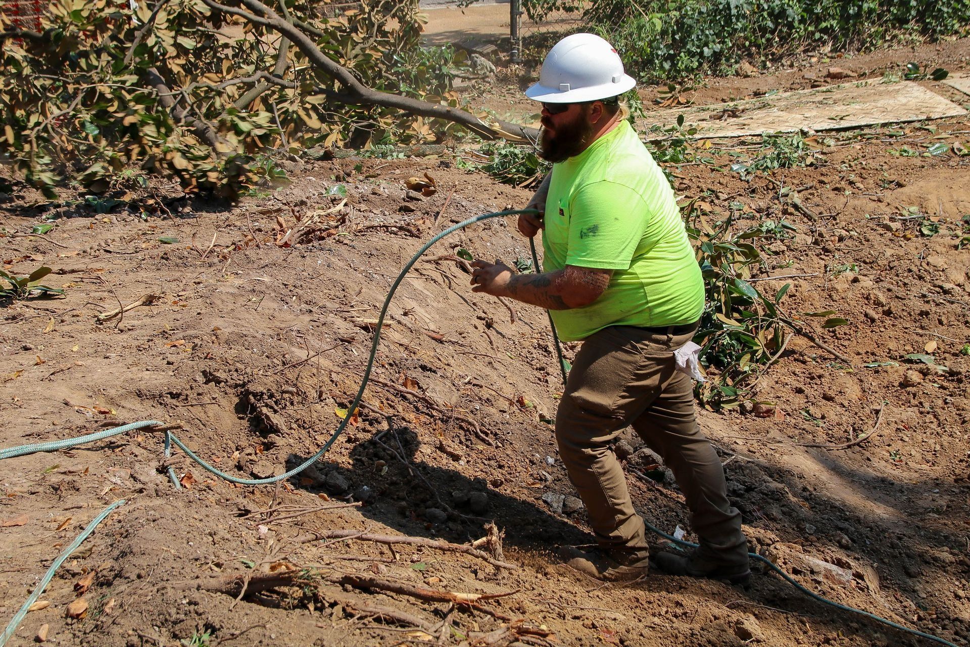 Man in hard hat and green shirt pulls cable in a dirt area with branches.