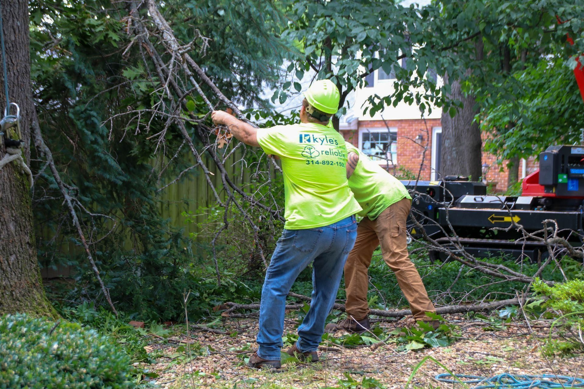 Two tree service workers in safety vests pruning tree branches outdoors.