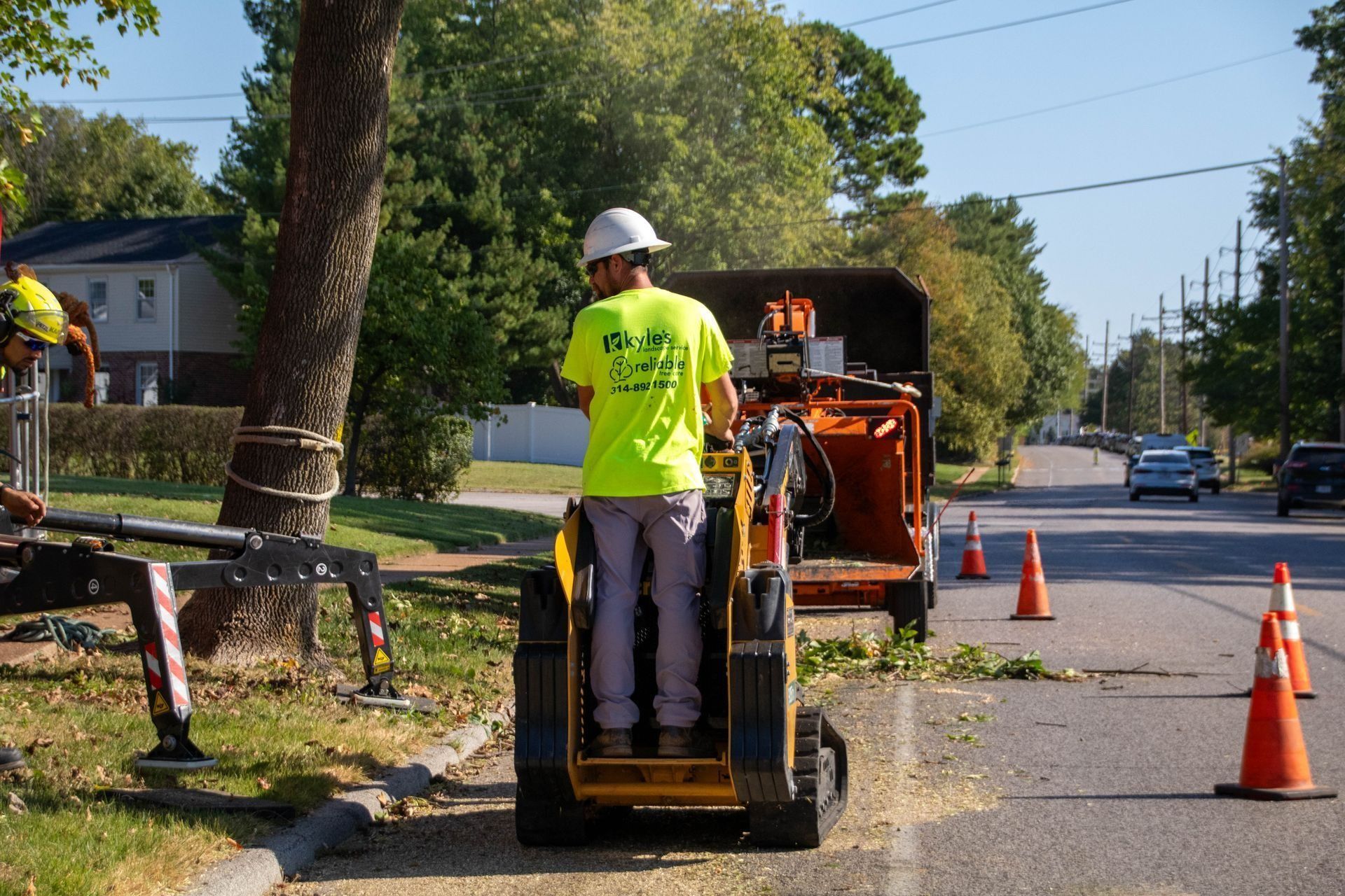 Arborist feeding branches into a wood chipper on a sunny street, with orange cones for safety.