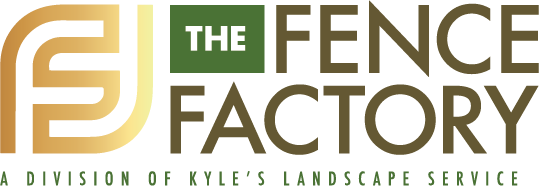 Logo for The Fence Factory, featuring a gold and green emblem and text in a serif font.