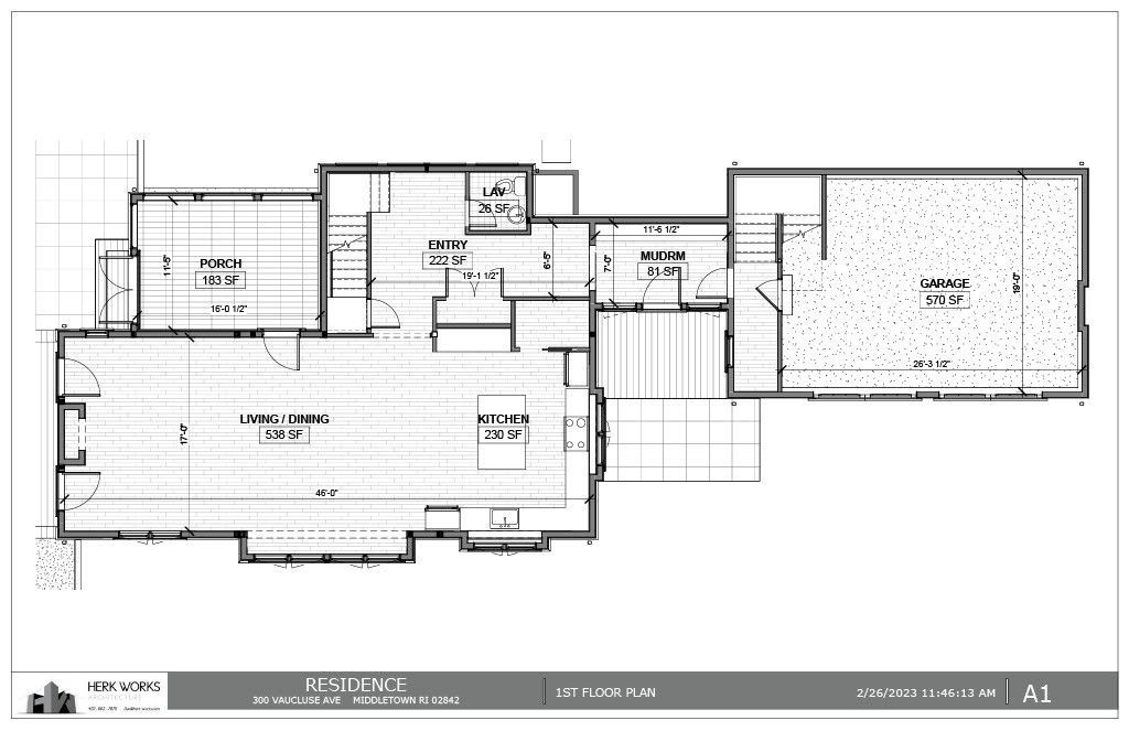 Architectural floor plan of a home with rooms labeled: bedroom, garage, living room, and more.