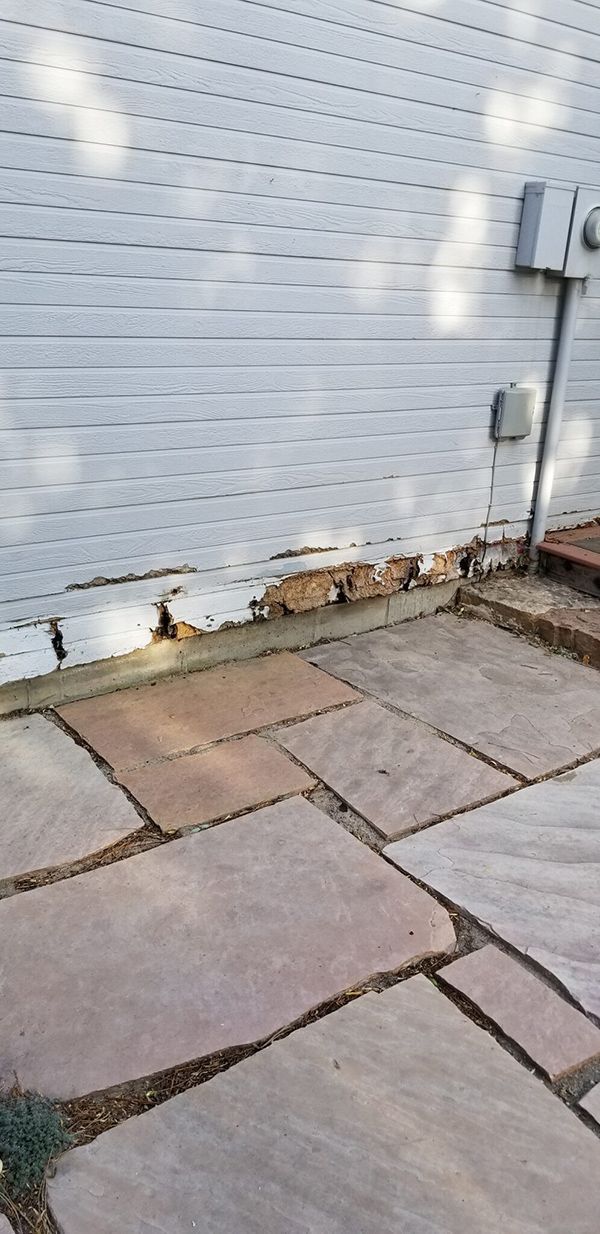 Exterior wall with damaged siding and stone patio.