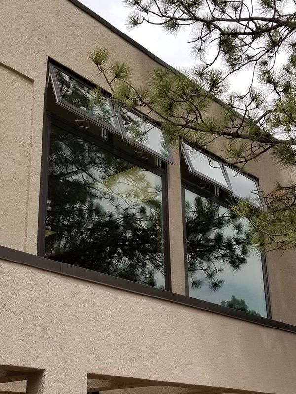 Three dark-framed windows on a beige building with a tree branch in the foreground; two windows are open.
