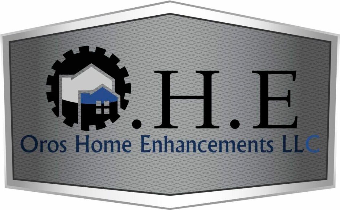 Logo for Oros Home Enhancements LLC: grey gear and house icon, black