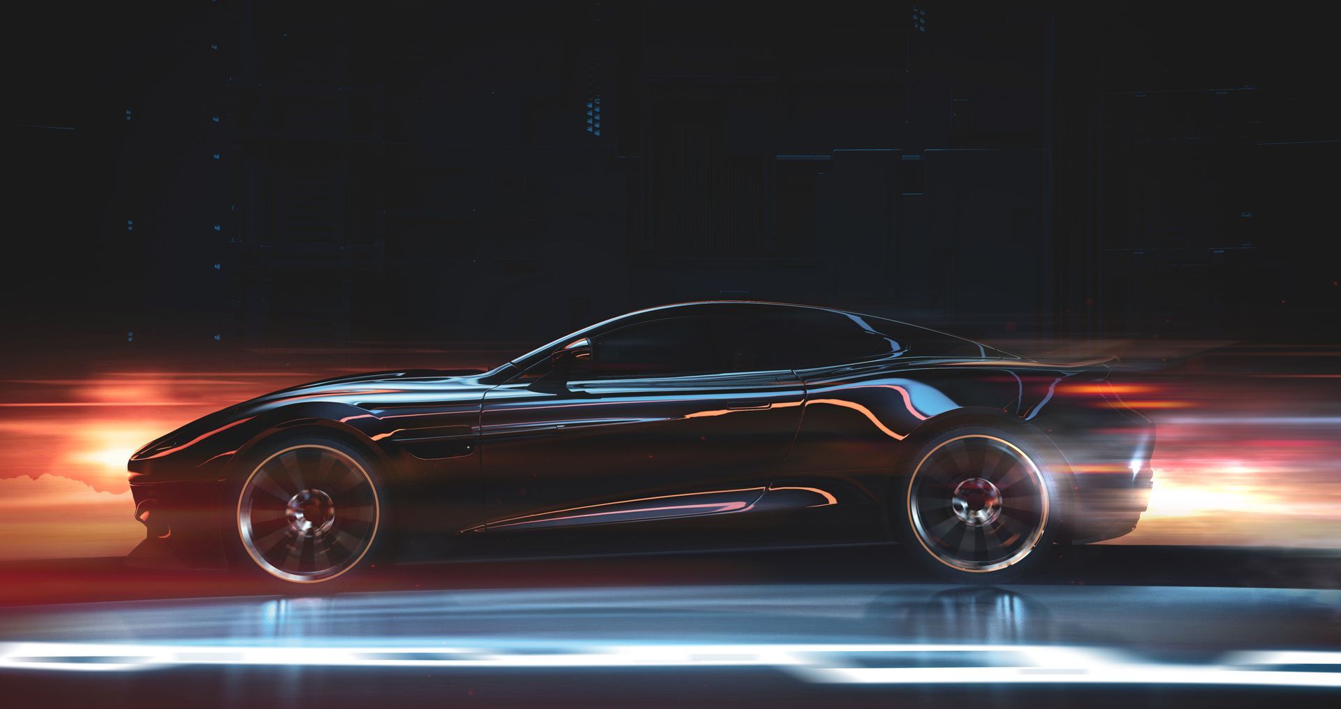 Sleek black sports car speeding, blurred light trails, dark background.