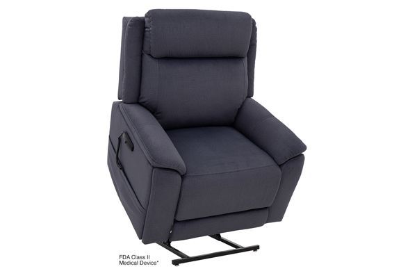 A navy blue power lift recliner chair on a metal frame, designated as an FDA Class II Medical Device.