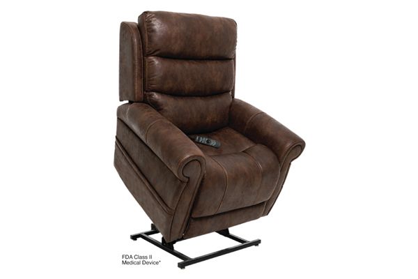 Brown leather lift recliner chair in a raised standing position, isolated on a white background.