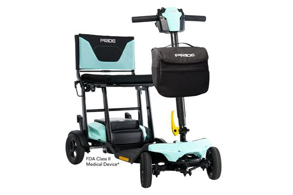 A light blue and black portable four-wheel mobility scooter with a front storage bag.