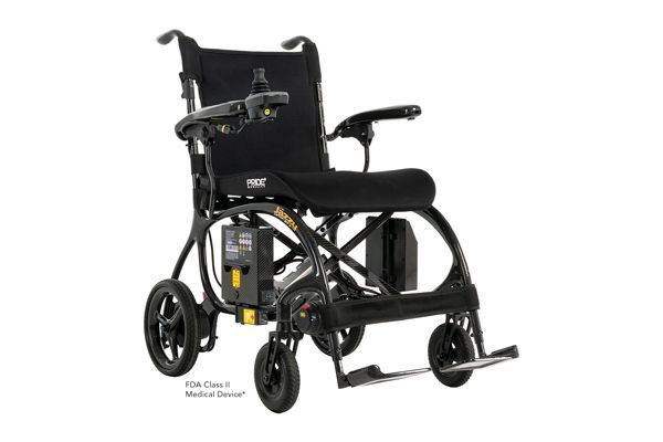 A portable, black electric wheelchair with a controller on the right armrest and battery pack mounted on the frame.