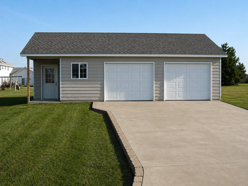 Single-story gray house with two white garage doors and a driveway beside a green lawn