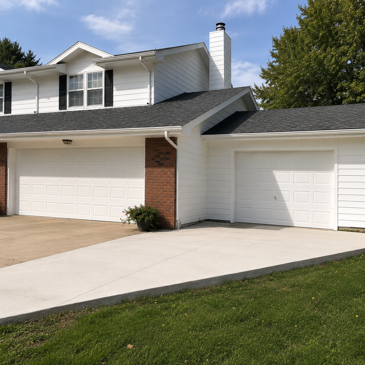 Suburban house with two white garage doors, brick accents, and a sloped driveway under a blue sky