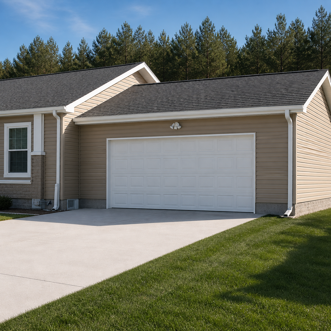 Single-story beige house with a white garage door, driveway, and green lawn under a clear sky