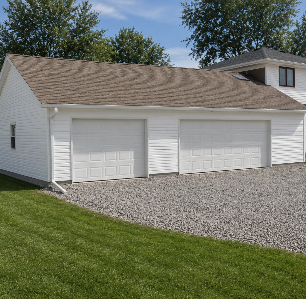 White two-car garage with tan roof and gravel driveway beside a green lawn under a blue sky