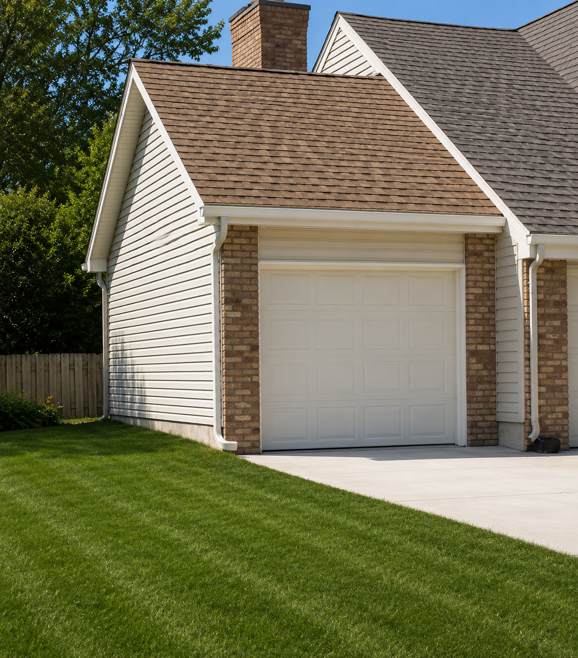 Suburban house exterior with white garage, brick trim, and green lawn in sunlight