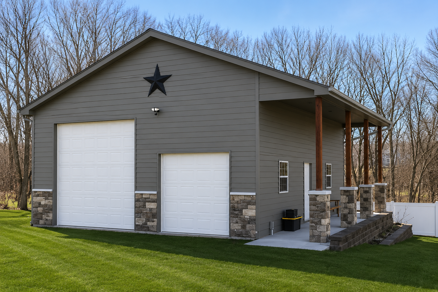 Gray detached garage with two white roll-up doors and a covered side porch on a grassy lot