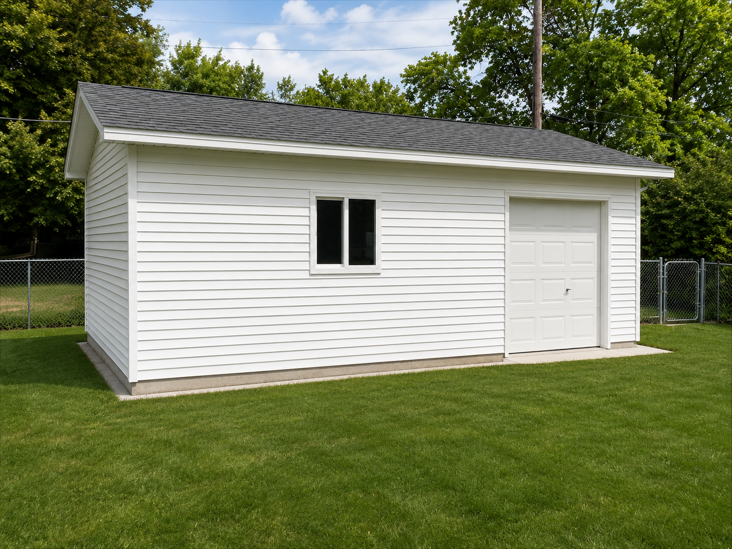 White shed with small window and side door on a grassy lawn beside a chain-link fence under trees.