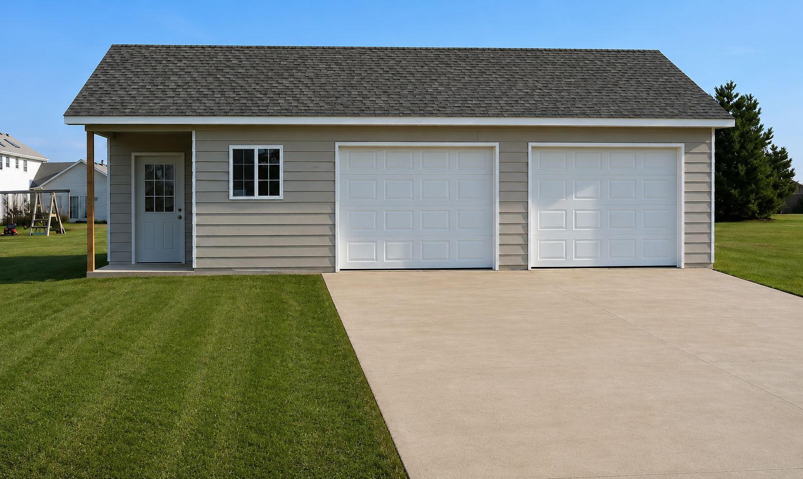 Single-story beige house with two white garage doors, a front door, and a driveway in front.