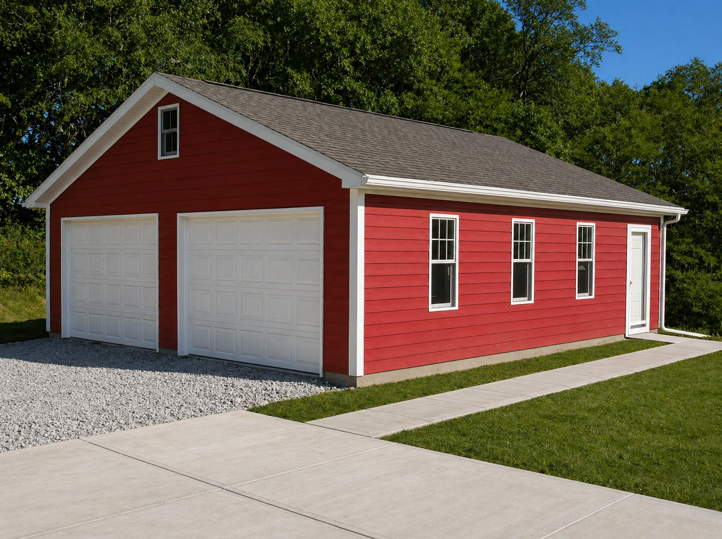 Red detached garage with white doors and trim beside a driveway and green lawn.