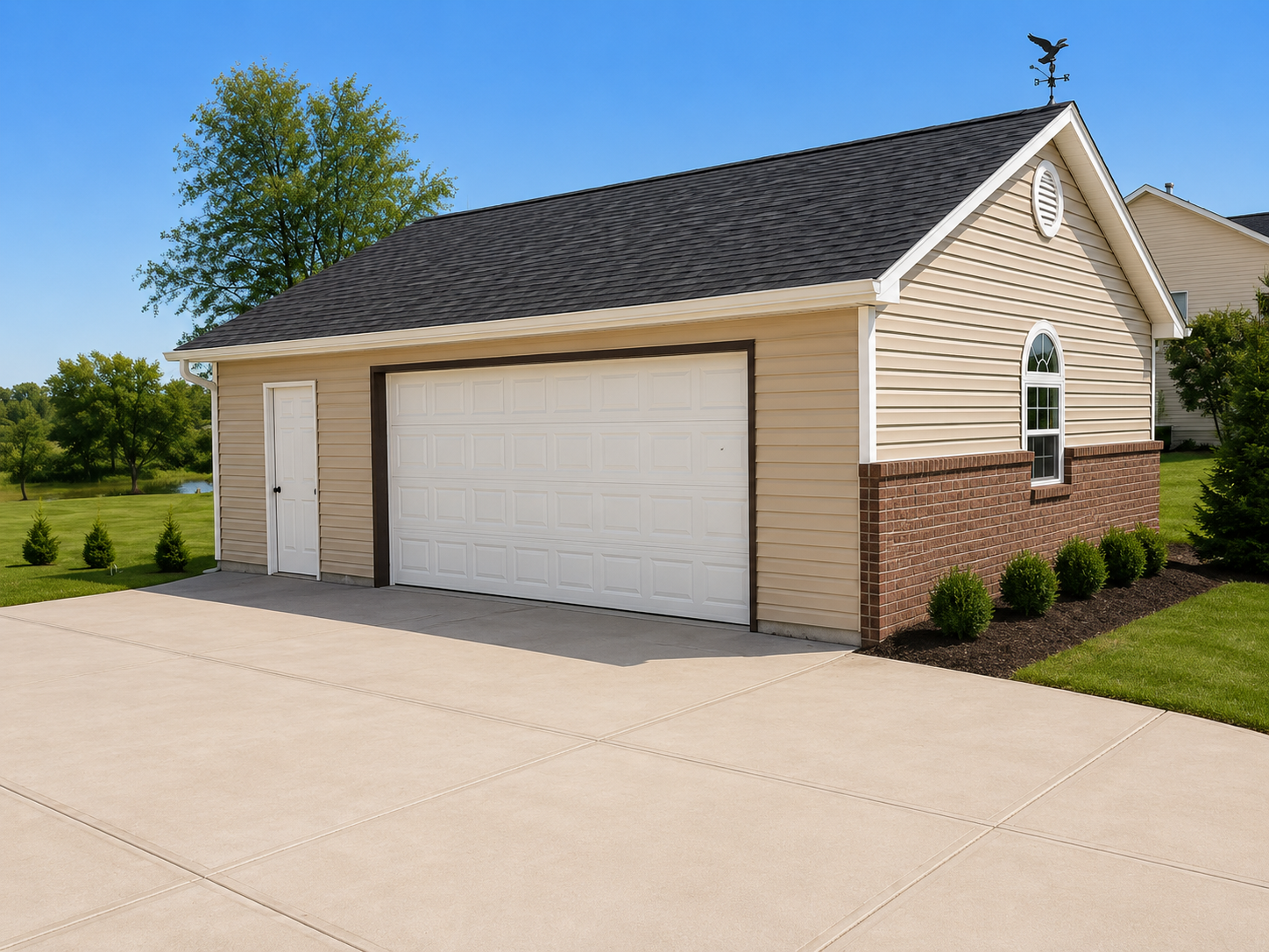 Detached beige garage with white doors, brown shingle roof, and a concrete driveway on a sunny day