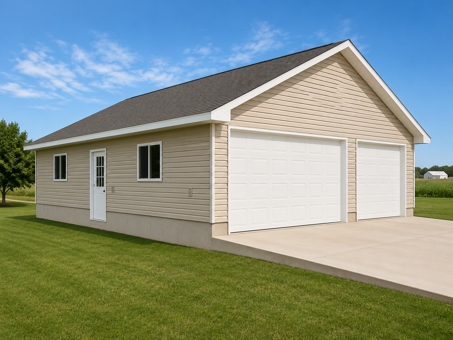 Detached beige garage with two white doors on a concrete driveway under a blue sky