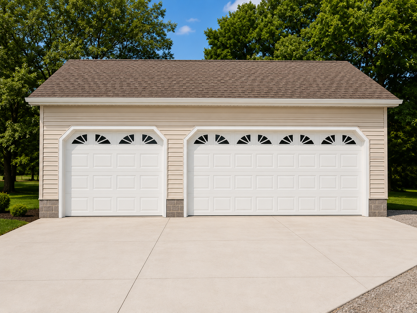 Two-car beige garage with white doors and a wide concrete driveway