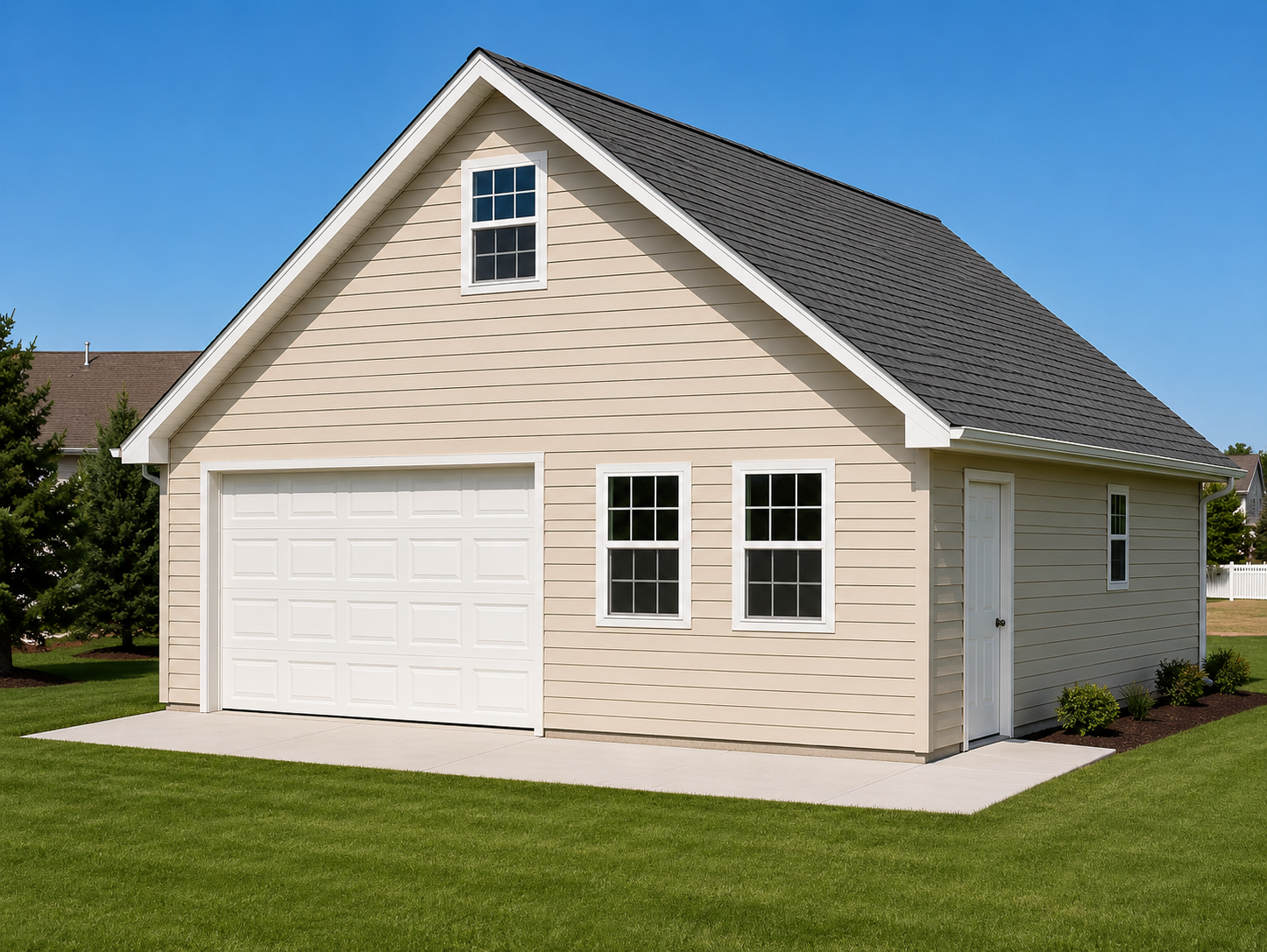 Single-story beige house with white garage and dark shingled roof on a green lawn