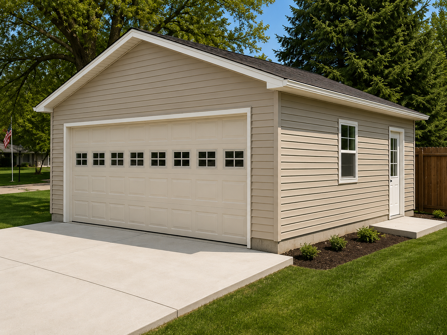 Detached beige two-car garage with white trim and driveway in a suburban yard