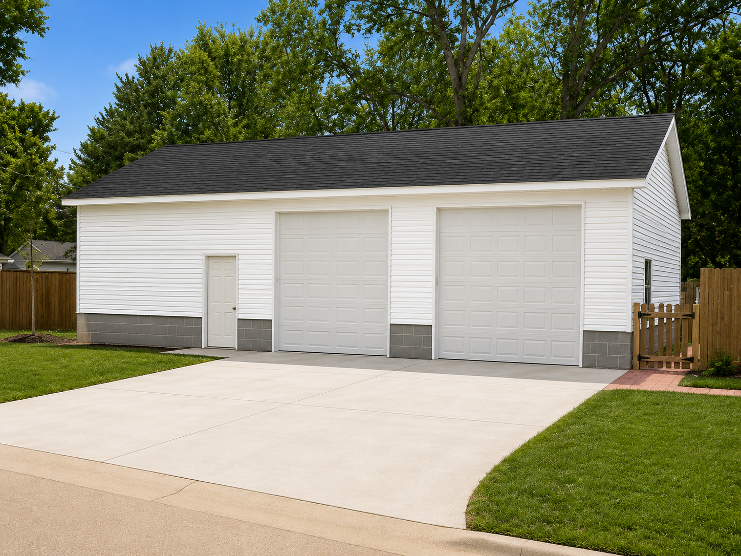 White detached garage with three doors and a concrete driveway in a suburban yard