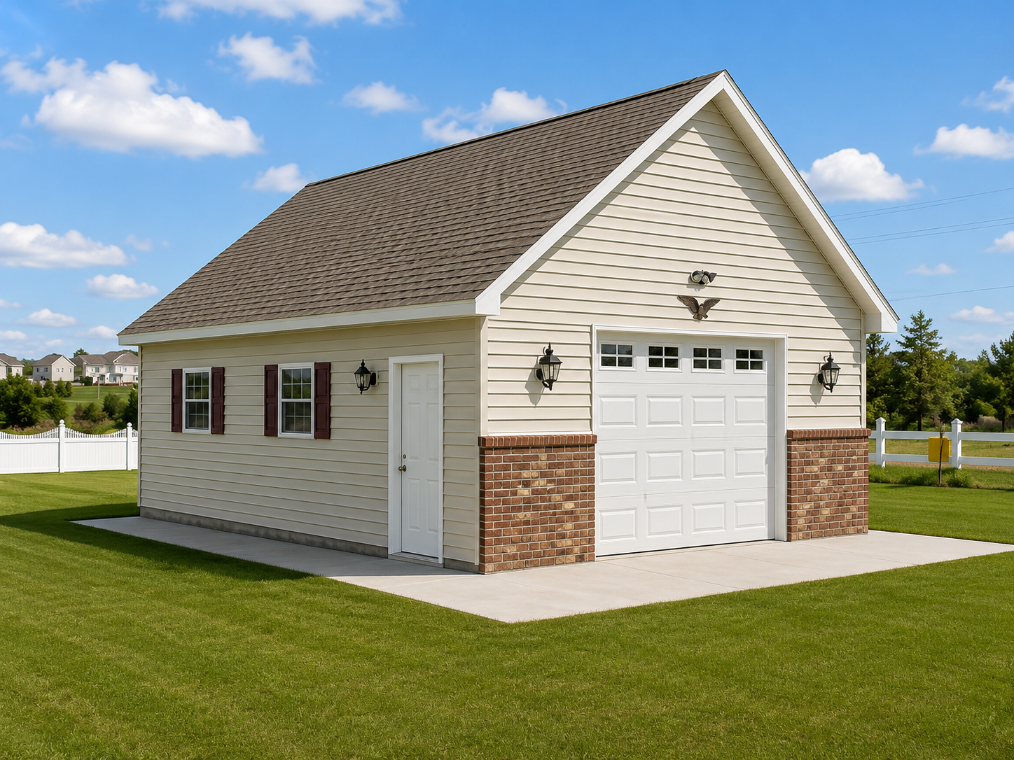 Small beige detached garage with white trim and brown shingle roof on a green lawn under a blue sky