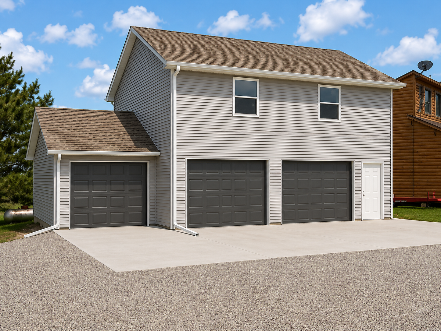 Detached two-story house with three dark garage doors and a gravel driveway