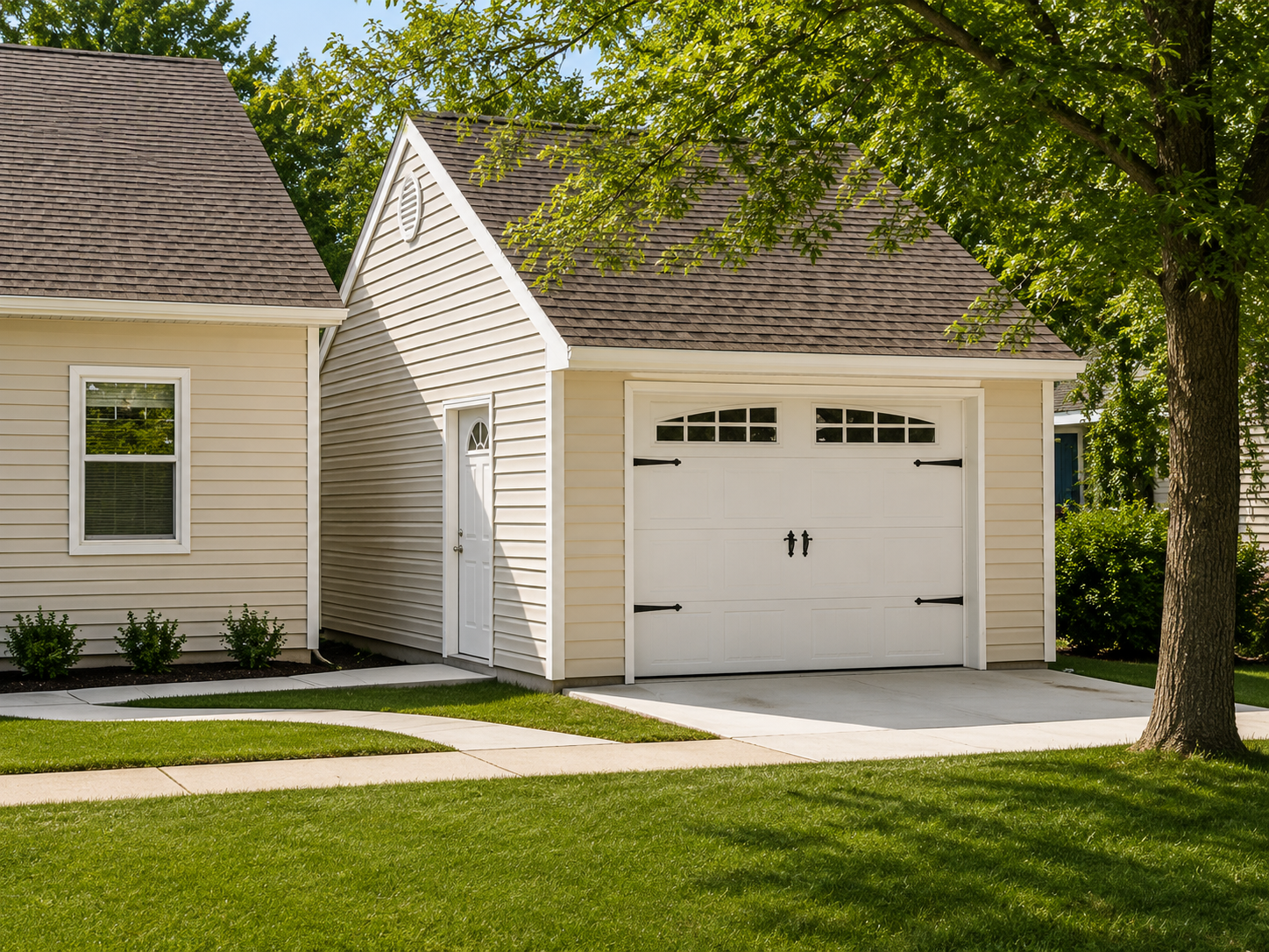 Suburban beige house with white garage, front lawn, and a large tree shading the driveway