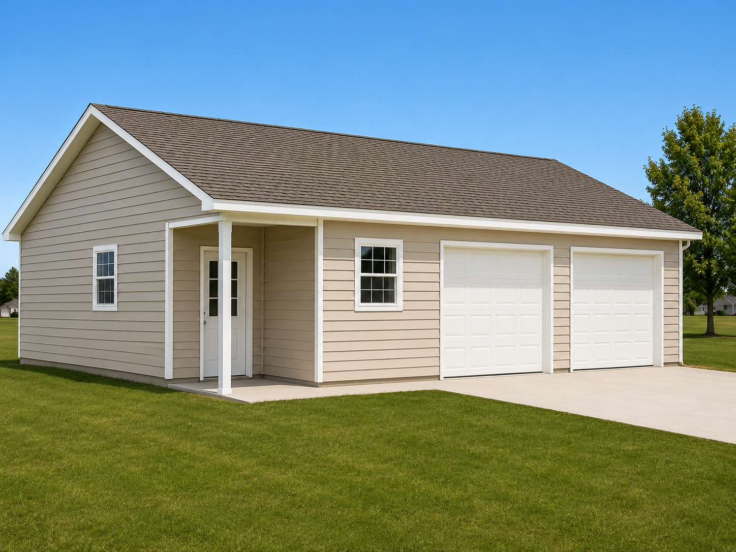 Single-story beige house with white trim, two white garage doors, and a green lawn under a blue sky