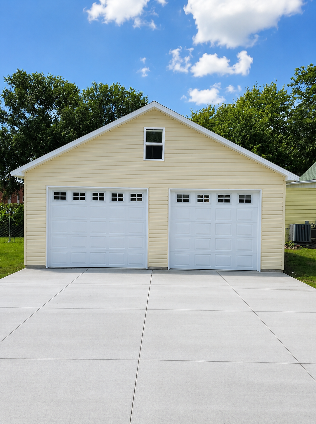 Two-car garage with white doors and a beige exterior, viewed from a concrete driveway under a blue sky.